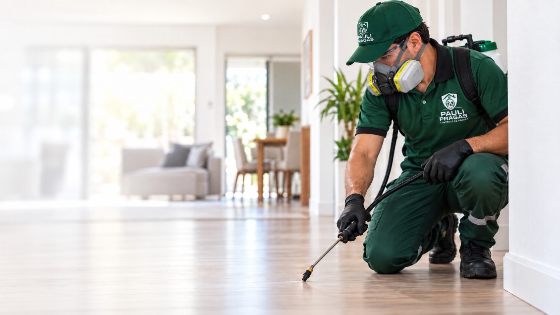Técnico da Pauli Pragas realizando controle de pragas em ambiente moderno